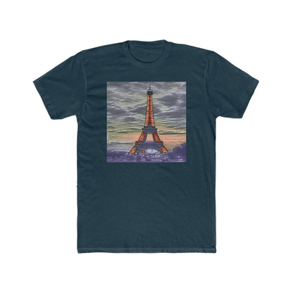 Eiffel Tower Sunset - Men's Fitted Cotton Crew Tee (Color: Solid Midnight Navy)