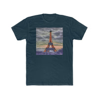 Eiffel Tower Sunset - Men's Fitted Cotton Crew Tee (Color: Solid Midnight Navy)