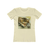 Sleepy Brucie the Cat - Women's Slim Fit Ringspun Cotton T-Shirt (Colors: Solid Natural)