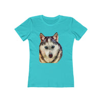 Siberian Husky 'Sacha' -  Women's Slim Fit Ringspun Cotton T-Shirt (Colors: Solid Tahiti Blue)
