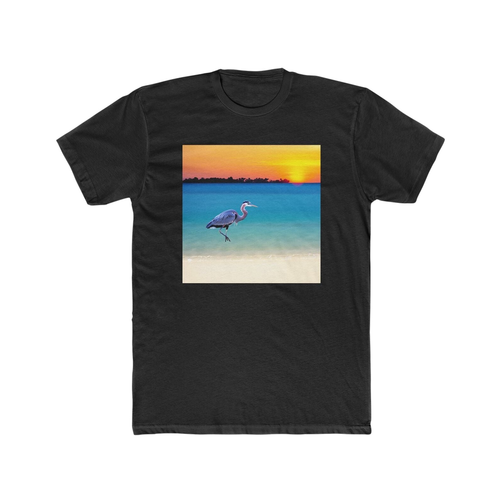 Blue Heron in Sunset - Men's Cotton Crew Tee (Color: Solid Black)