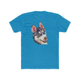 Siberian Husky 'Iditarod' Men's Fitted Cotton Crew Tee (Color: Solid Turquoise)