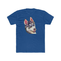 Siberian Husky 'Iditarod' Men's Fitted Cotton Crew Tee (Color: Solid Royal)