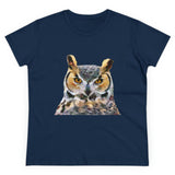 Great Horned Owl 'Hooty' Women's Midweight Cotton Tee (Color: Navy)