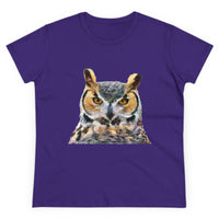 Great Horned Owl 'Hooty' Women's Midweight Cotton Tee (Color: Purple)