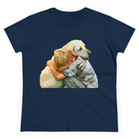Yellow Labrador Retriever and Child - Women's Midweight Cotton Tee (Color: Navy)