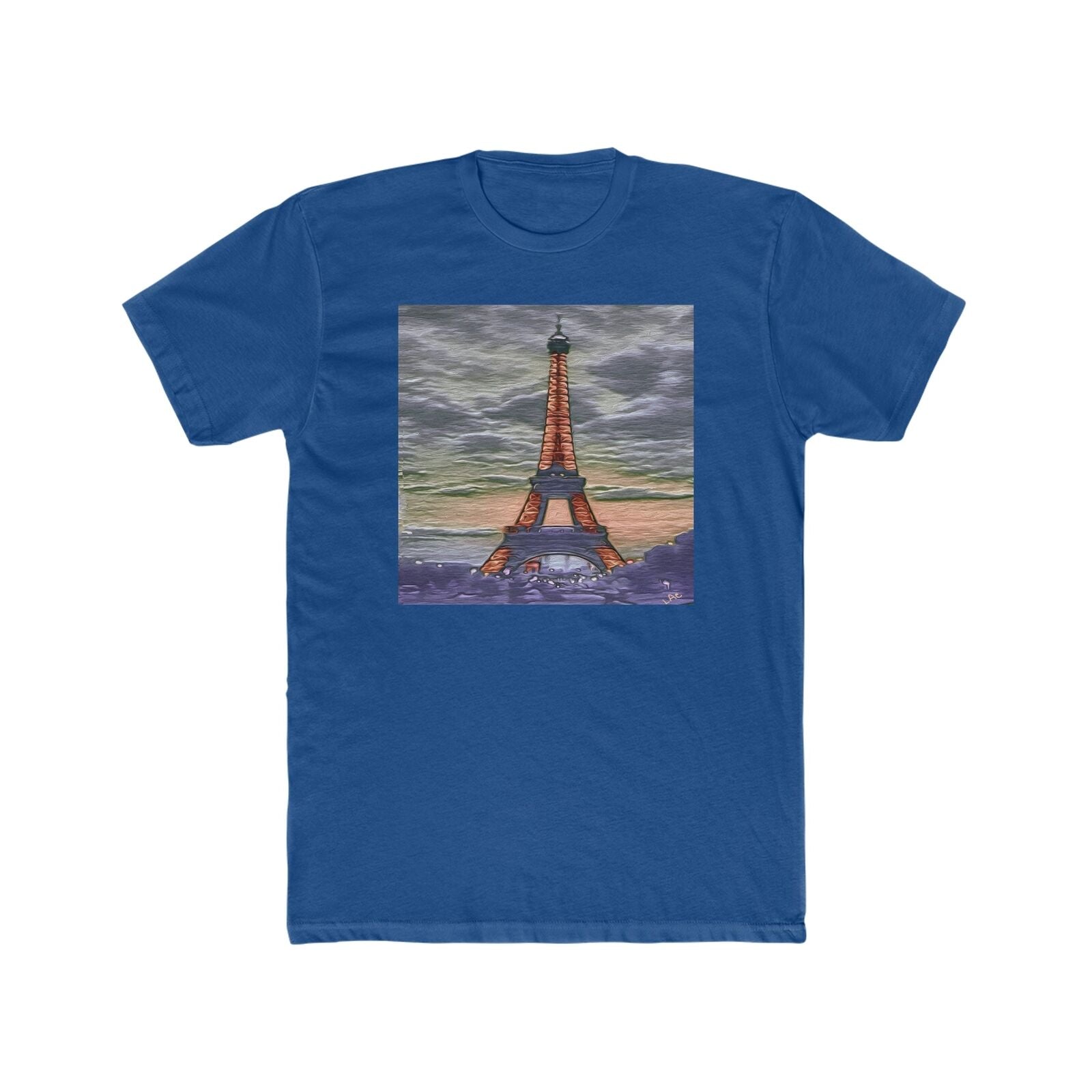 Eiffel Tower Sunset - Men's Fitted Cotton Crew Tee (Color: Solid Royal)