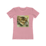 Sleepy Brucie the Cat - Women's Slim Fit Ringspun Cotton T-Shirt (Colors: Solid Light Pink)