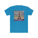 Eiffel Tower Sunset - Men's Fitted Cotton Crew Tee (Color: Solid Turquoise)