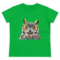 Great Horned Owl 'Hooty' Women's Midweight Cotton Tee (Color: Irish Green)