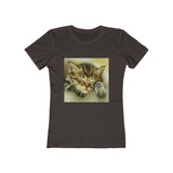 Sleepy Brucie the Cat - Women's Slim Fit Ringspun Cotton T-Shirt (Colors: Solid Dark Chocolate)