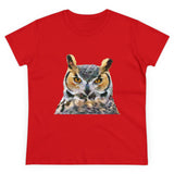 Great Horned Owl 'Hooty' Women's Midweight Cotton Tee (Color: Red)
