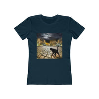 Night Cat Prowling - Women's Slim Fit Ringspun Cotton T-Shirt (Colors: Solid Midnight Navy)