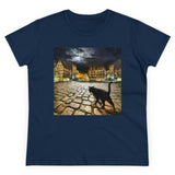 Cat "On the Prowl" Women's Midweight Cotton Tee (Color: Navy)