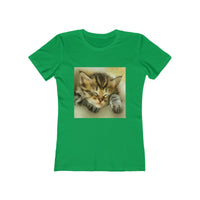 Sleepy Brucie the Cat - Women's Slim Fit Ringspun Cotton T-Shirt (Colors: Solid Kelly Green)